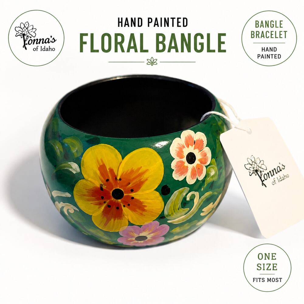 Fantasia Hand Painted Floral Bangle Bracelet Green Wood NWT Idaho